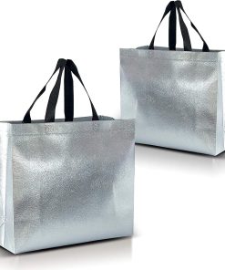 Custom Hot Sale Fashion Women Shopping Tote Foldable Reusable Silver Metallic Non Woven Bag With Sturdy Handle