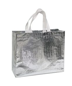 White Handle Logo Print Heat Seal Type Glossy Laser Silver Non Woven Bag Shopping Tote Bag