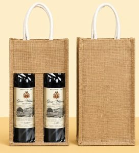 Custom Jute Wine Bag with Window Burlap Bottle Carrier Tote Reusable Gift Bag for Two Bottles Wholesale Bulk Custom Logo