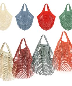 Custom Logo Large Beach Cotton Net Shopping Bag With Inside Pockets Small Mesh Drawstring Produce Tote Bag for Fruit Vegetable