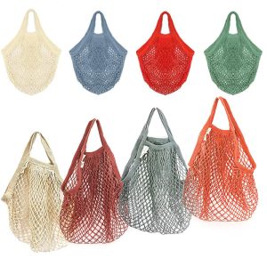 Custom Logo Large Beach Cotton Net Shopping Bag With Inside Pockets Small Mesh Drawstring Produce Tote Bag for Fruit Vegetable