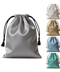 Custom Satin Drawstring Pouch Dust Proof Bag with Ribbon Handle and Letter Pattern Satin Drawstring Bags with Custom Logo