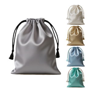 Custom Satin Drawstring Pouch Dust Proof Bag with Ribbon Handle and Letter Pattern Satin Drawstring Bags with Custom Logo