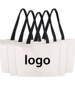 12 Oz Grocery Beach Shopping Multi-Purpose Washable Tote Large White Canvas Sling Bag With Black Handle