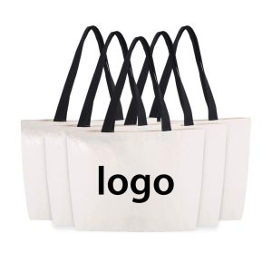 12 Oz Grocery Beach Shopping Multi-Purpose Washable Tote Large White Canvas Sling Bag With Black Handle