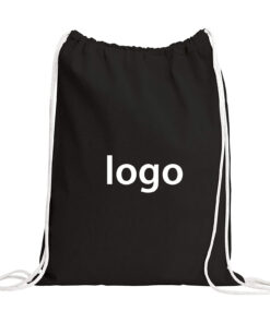 Custom Logo Design Eco-friendly Cotton Canvas Drawstring Backpack Rope Handle Large Black Dust-Proof for Beach Sports Camping