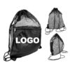 Promotional Bulk 210D Polyester Breathable Mesh Drawstring Bags Front Zipper Draw String Backpack with Custom Logo Printing