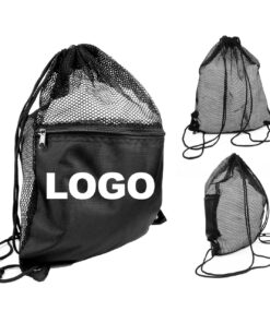 Promotional Bulk 210D Polyester Breathable Mesh Drawstring Bags Front Zipper Draw String Backpack with Custom Logo Printing