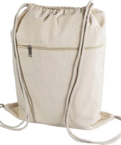 Cotton Canvas Drawstring Backpack with Zippered Front Pocket Cinch Sack Pull String Sport Bags for Gym and Hike